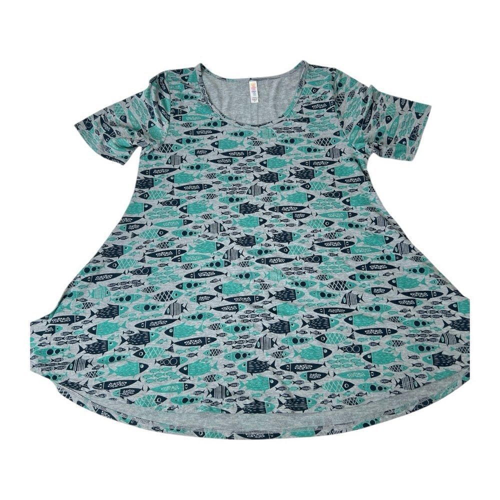 LuLaRoe Fish Pattern Perfect T Tunic Top - Green and Gray Sz‎ M NEW